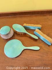 MaxSold Auction: Vintage Sterling & Guilloché Enamel Vanity Set – Mirror, Brushes & Powder Jar (5 Pieces)  - Toronto (Ontario, Canada) SELLER MANAGED Moving Online Auction - 1/2  Wellesley Street East