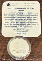 MaxSold Auction: 1867-1992 Cdn. Silver Proof 125 Years Dominion - Ontario 25 Cents - Newmarket (Ontario, Canada) PARTNER MANAGED Reseller Online Auction - Walter Avenue