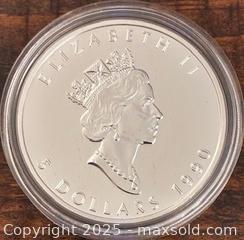 MaxSold Auction: 1990 Cdn. Silver Maple Leaf Fine Bullion 5 Dollars  - Newmarket (Ontario, Canada) PARTNER MANAGED Reseller Online Auction - Walter Avenue