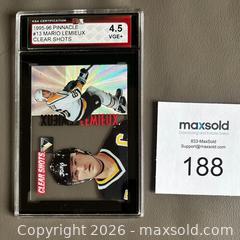 MaxSold Auction: 1995-96 Pinnacle Mario Lemieux "Clear Shots" Card Graded KSA 4.5 VGE+ - Ottawa (Ontario, Canada) SELLER MANAGED Downsizing Online Auction - Sandy Forest Place