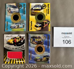MaxSold Auction:  Lot of 4 NASCAR Race Worn Numbered Patch Cards w Race Used Tire  - Ottawa (Ontario, Canada) SELLER MANAGED Downsizing Online Auction - Sandy Forest Place