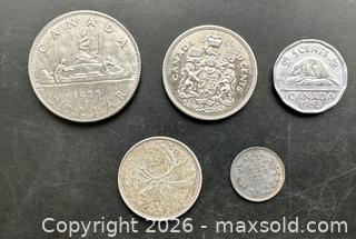 MaxSold Auction: Lot of 5 Older Canadian Coins including 1918 Silver Dime, 1965 Silver Quarter  ++ - Ottawa (Ontario, Canada) SELLER MANAGED Downsizing Online Auction - Sandy Forest Place