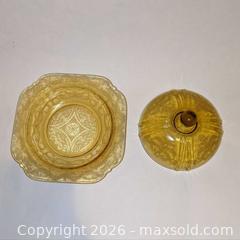 MaxSold Auction: Amber Pressed Glass Covered Butter Dish, Madrid Pattern by Federal Glass - Newport (Pennsylvania, USA) SELLER MANAGED Downsizing Online Auction - North 5th Street