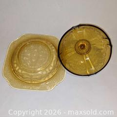 MaxSold Auction: Amber Pressed Glass Covered Butter Dish, Madrid Pattern by Federal Glass - Newport (Pennsylvania, USA) SELLER MANAGED Downsizing Online Auction - North 5th Street