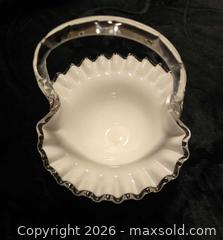 MaxSold Auction: Fenton Milk Glass Handled Silver Crest Footed Basket with Ruffled Edge - Newport (Pennsylvania, USA) SELLER MANAGED Downsizing Online Auction - North 5th Street
