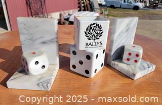 MaxSold Auction: Marble Dice Bookends &#38; Casino Ceramic Desk Pen Holder - East Cocalico Township (Pennsylvania, USA) SELLER MANAGED Downsizing Online Auction - Stevens Road