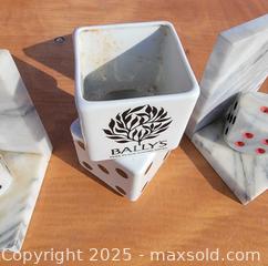 MaxSold Auction: Marble Dice Bookends &#38; Casino Ceramic Desk Pen Holder - East Cocalico Township (Pennsylvania, USA) SELLER MANAGED Downsizing Online Auction - Stevens Road