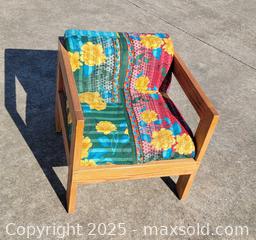 MaxSold Auction: Mid-Century MCM Reupholstered Kantha Fabric Extra Wide Wooden Lounge Chair - East Cocalico Township (Pennsylvania, USA) SELLER MANAGED Downsizing Online Auction - Stevens Road