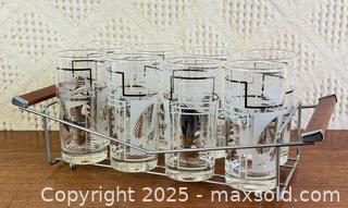 MaxSold Auction: Vintage Mid-Century Retro Set of Eight &#34;Silver Foliage&#34; 12oz Highball Cocktail Flat Tumbler Glasses in Teak Handle and Chrome Caddy, Libbey Glass Comp - Hamilton (Ontario, Canada) SELLER MANAGED Estate Sale Online Auction - Gertrude Street