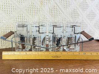 MaxSold Auction: Vintage Mid-Century Retro Set of Eight &#34;Silver Foliage&#34; 12oz Highball Cocktail Flat Tumbler Glasses in Teak Handle and Chrome Caddy, Libbey Glass Comp - Hamilton (Ontario, Canada) SELLER MANAGED Estate Sale Online Auction - Gertrude Street