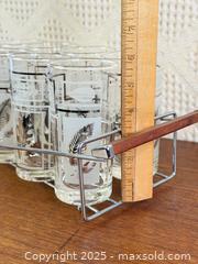 MaxSold Auction: Vintage Mid-Century Retro Set of Eight &#34;Silver Foliage&#34; 12oz Highball Cocktail Flat Tumbler Glasses in Teak Handle and Chrome Caddy, Libbey Glass Comp - Hamilton (Ontario, Canada) SELLER MANAGED Estate Sale Online Auction - Gertrude Street