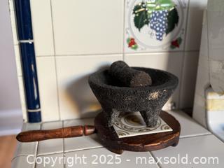 MaxSold Auction: Molcajete de Piedra Negra / Black Stone Mortar &#38; Pestle Molcajete with Wooden Tile Stand Plant Cheese Board  - San Francisco (California, USA) SELLER MANAGED Estate Sale Online Auction - Kenwood Way