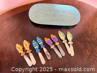 MaxSold Auction: Vintage Boston Warehouse Fish Cheese / Butter Spreaders & Embossed Ceramic Oval Tray  - San Francisco (California, USA) SELLER MANAGED Estate Sale Online Auction - Kenwood Way