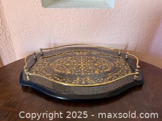 MaxSold Auction: Vintage Elegant &#38; Ornate Black &#38; Gold Wood Ottoman Tray with Metal Handles - San Francisco (California, USA) SELLER MANAGED Estate Sale Online Auction - Kenwood Way