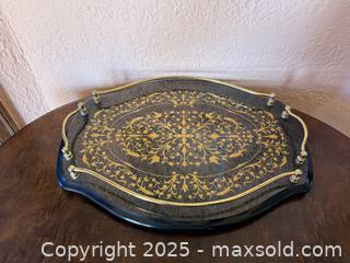 MaxSold Auction: Vintage Elegant &#38; Ornate Black &#38; Gold Wood Ottoman Tray with Metal Handles - San Francisco (California, USA) SELLER MANAGED Estate Sale Online Auction - Kenwood Way