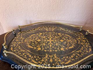 MaxSold Auction: Vintage Elegant &#38; Ornate Black &#38; Gold Wood Ottoman Tray with Metal Handles - San Francisco (California, USA) SELLER MANAGED Estate Sale Online Auction - Kenwood Way
