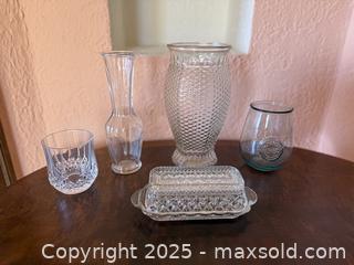 MaxSold Auction: Vintage Etched Glass Crystal Vases & Butter Dish - San Francisco (California, USA) SELLER MANAGED Estate Sale Online Auction - Kenwood Way