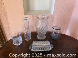 MaxSold Auction: Vintage Etched Glass Crystal Vases & Butter Dish - San Francisco (California, USA) SELLER MANAGED Estate Sale Online Auction - Kenwood Way