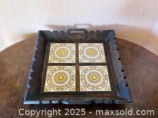 MaxSold Auction: Vintage Mexican Hand Carved Wood W/ 4 Tiles Serving Tray W/ Handles  - San Francisco (California, USA) SELLER MANAGED Estate Sale Online Auction - Kenwood Way