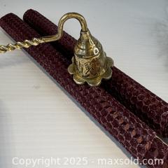 MaxSold Auction: Etched brass, twisted handle candle snuffer with burgundy beeswax candles - Toronto (Ontario, Canada) SELLER MANAGED Reseller Online Auction - Greengrove Crescent