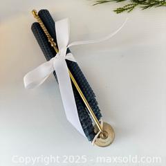 MaxSold Auction: Vintage Brass swirl hinged candle snuffer with pair blue beeswax candles - Toronto (Ontario, Canada) SELLER MANAGED Reseller Online Auction - Greengrove Crescent