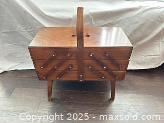 MaxSold Auction: Wooden Tiered Shelf Storage with Handle and Sewing Supplies - Newmarket (Ontario, Canada) SELLER MANAGED Downsizing Online Auction - Wendy Culbert Crescent          