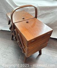 MaxSold Auction: Wooden Tiered Shelf Storage with Handle and Sewing Supplies - Newmarket (Ontario, Canada) SELLER MANAGED Downsizing Online Auction - Wendy Culbert Crescent          