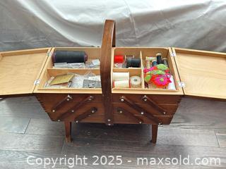 MaxSold Auction: Wooden Tiered Shelf Storage with Handle and Sewing Supplies - Newmarket (Ontario, Canada) SELLER MANAGED Downsizing Online Auction - Wendy Culbert Crescent          