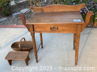 MaxSold Auction: Antique Wood Washstand Side Table, Basket, &#38; Stool - Thousand Oaks (California, USA) PARTNER MANAGED Estate Sale Online Auction - Saxon Place