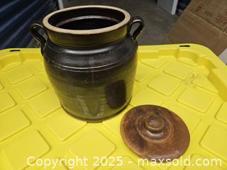 MaxSold Auction: Two-Handled Glazed Stoneware Crock with Lid -  Kingston (Ontario, Canada) PARTNER MANAGED Downsizing Online Auction - Steve Fonyo Drive  (STORAGE)
