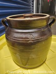 MaxSold Auction: Two-Handled Glazed Stoneware Crock with Lid -  Kingston (Ontario, Canada) PARTNER MANAGED Downsizing Online Auction - Steve Fonyo Drive  (STORAGE)