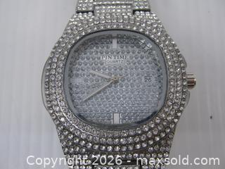MaxSold Auction: Old NOS Pintime Quartz Wristwatch w/ Big Face & Silver Stainless Steel Band w/ Crystal Diamonds - Esquimalt (British Columbia, Canada) SELLER MANAGED Downsizing Online Auction - Yarrow Place