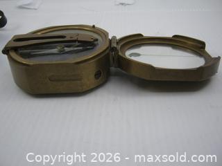 MaxSold Auction: Old Stanley London Nautical Solid Brass Compass Natural Sine w/ Leather Case - Esquimalt (British Columbia, Canada) SELLER MANAGED Downsizing Online Auction - Yarrow Place
