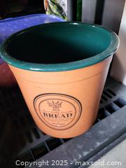 MaxSold Auction: Glazed Ceramic Bread Crock with 'BREAD' Wreath Label - Kingston (Ontario, Canada) SELLER MANAGED Downsizing Online Auction - Development Drive (STORAGE)