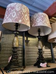 MaxSold Auction: Pair of Fabric Drum Table Lamps with Beige Ikat Shades - Kingston (Ontario, Canada) SELLER MANAGED Downsizing Online Auction - Development Drive (STORAGE)
