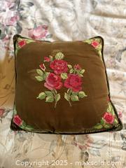 MaxSold Auction: Handmade Wool Velvet Floral Needlepoint Pillow. Floral Motif. Set of 2.  - San Francisco (California, USA) SELLER MANAGED Estate Sale Online Auction - Kenwood Way
