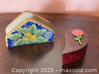 MaxSold Auction: Vintage Talavera Mexico Pottery Handmade Napkin Holder &#38; Floral Half Heart Jewlery Box - San Francisco (California, USA) SELLER MANAGED Estate Sale Online Auction - Kenwood Way