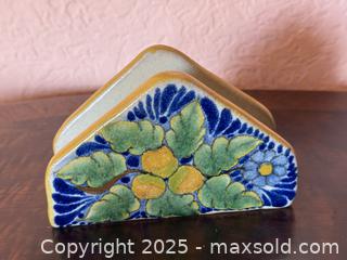 MaxSold Auction: Vintage Talavera Mexico Pottery Handmade Napkin Holder &#38; Floral Half Heart Jewlery Box - San Francisco (California, USA) SELLER MANAGED Estate Sale Online Auction - Kenwood Way