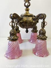 MaxSold Auction: Fabulous Bronze Art Nouveau Acanthus Leaf Design Ceiling Fixture Four Opalescent Cranberry Swirl Art Glass Shades - Toronto (Ontario, Canada) PARTNER MANAGED Estate Sale Online Auction - Railside Road