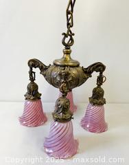 MaxSold Auction: Fabulous Bronze Art Nouveau Acanthus Leaf Design Ceiling Fixture Four Opalescent Cranberry Swirl Art Glass Shades - Toronto (Ontario, Canada) PARTNER MANAGED Estate Sale Online Auction - Railside Road