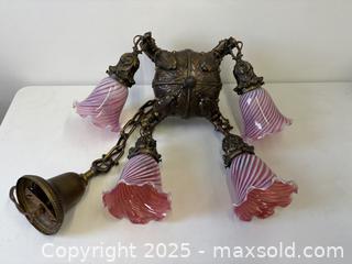 MaxSold Auction: Fabulous Bronze Art Nouveau Acanthus Leaf Design Ceiling Fixture Four Opalescent Cranberry Swirl Art Glass Shades - Toronto (Ontario, Canada) PARTNER MANAGED Estate Sale Online Auction - Railside Road