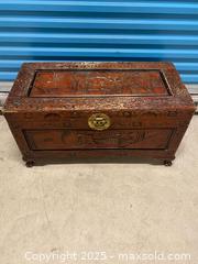 MaxSold Auction: Carved Wooden Storage Chest  - Vancouver (British Columbia, Canada) SELLER MANAGED Reseller Online Auction - East 7th Avenue (STORAGE)