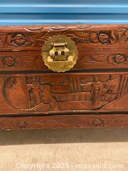 MaxSold Auction: Carved Wooden Storage Chest  - Vancouver (British Columbia, Canada) SELLER MANAGED Reseller Online Auction - East 7th Avenue (STORAGE)