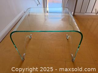 MaxSold Auction: MCM Tempered Clear Bent Glass Coffee Table / Low Bench / Side Table - Toronto (Ontario, Canada) SELLER MANAGED Downsizing Online Auction - O' Connor Drive (CONDO)