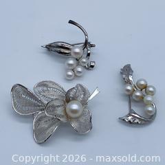 MaxSold Auction: Lot of 3 Sterling Silver Brooches with Genuine Akoya Pearls - Vancouver (British Columbia, Canada) SELLER MANAGED Downsizing Online Auction - W20th Avenue (CONDO)