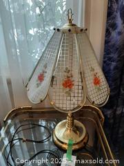 MaxSold Auction: 1970s Hollywood Regency brass and smoked glass side table and floral touch lamp - London (Ontario, Canada) PARTNER MANAGED Estate Sale Online Auction - Alayne Crescent