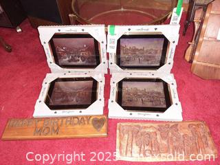 MaxSold Auction: Four framed foil art pictures & two carved wooden plaques - London (Ontario, Canada) PARTNER MANAGED Estate Sale Online Auction - Alayne Crescent