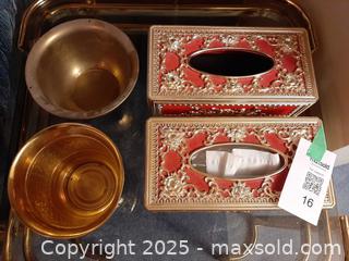 MaxSold Auction: Two Hollywood Regency tissue box holders & two brass planters - London (Ontario, Canada) PARTNER MANAGED Estate Sale Online Auction - Alayne Crescent