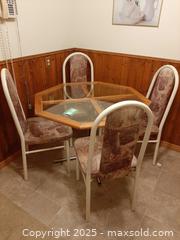 MaxSold Auction: Vintage octagonal glass and wood dining table with four white metal chairs - London (Ontario, Canada) PARTNER MANAGED Estate Sale Online Auction - Alayne Crescent