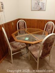 MaxSold Auction: Vintage octagonal glass and wood dining table with four white metal chairs - London (Ontario, Canada) PARTNER MANAGED Estate Sale Online Auction - Alayne Crescent